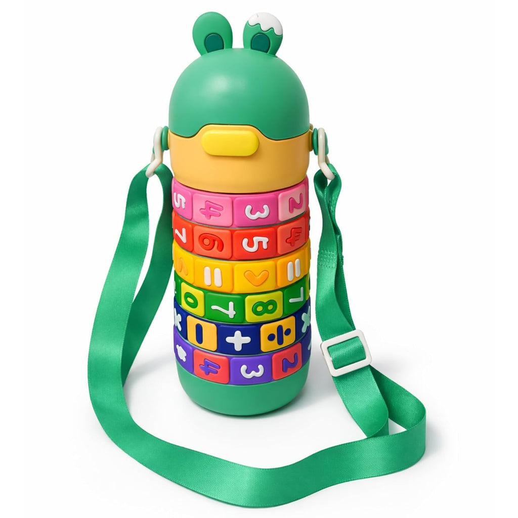 Math Learning Puzzle Water Bottle for School Kids 500ml Stainless Steel Sipper with Straw Adjustable Strap Fun Educational Number Drinking Boys Girls Fidget Rotate(Pack of 1)