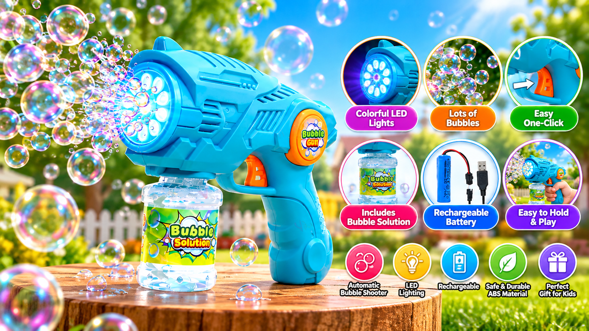 Bubble Gun for Kids with Solution Bottle, Turquoise and Yellow, Battery Powered, Ages 3-12 Years, Gun-Shaped Outdoor Play Toy
