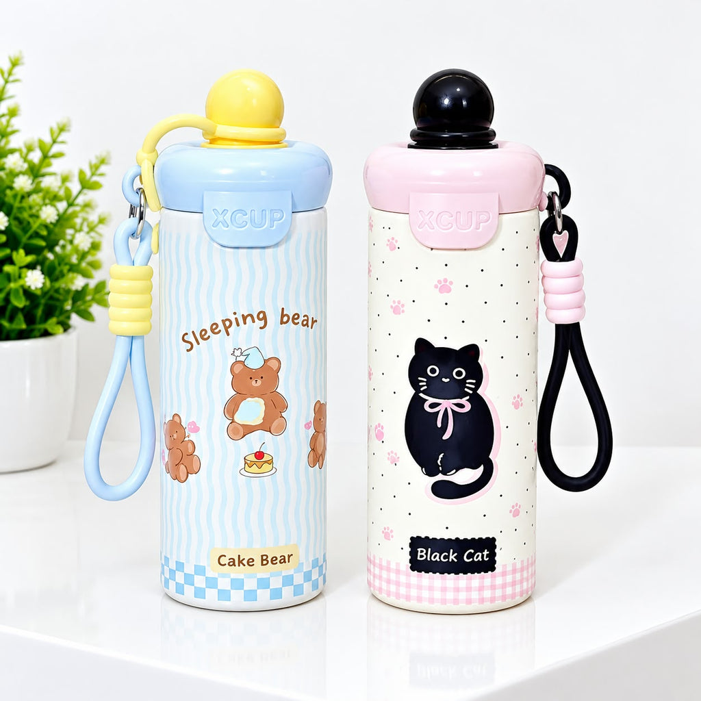ids Gift Combo – Cute Cake Bear Water Bottle with Free Bubble Ice Cream Keychain | Leakproof Insulated Bottle for Girls(Brown)