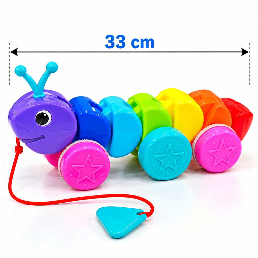 Intelliskills Premium Colourful Rainbow Pull Along Caterpillar Toy for Early Walking and Motor Skill Development | Rattle Sound | Child-Safe and BIS Certified | Multicoloured | Ideal for Gifting