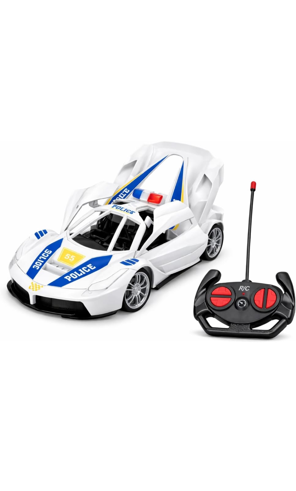 Remote Control Police Car, White Sports Car with Red Siren Light, RC Toy with Controller, Racing Vehicle for Kids Door Open Boy And Girl 5 years White colour