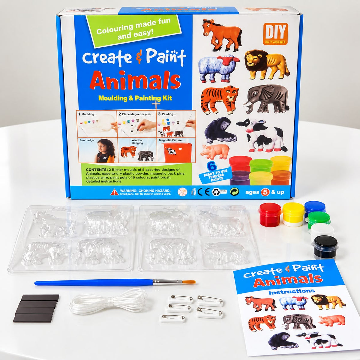 Create & Paint Animals Moulding & Painting Kit | DIY Animal Plaster Moulds & Painting Activity Set | 8 Animal Figures | 6 Paint Colours