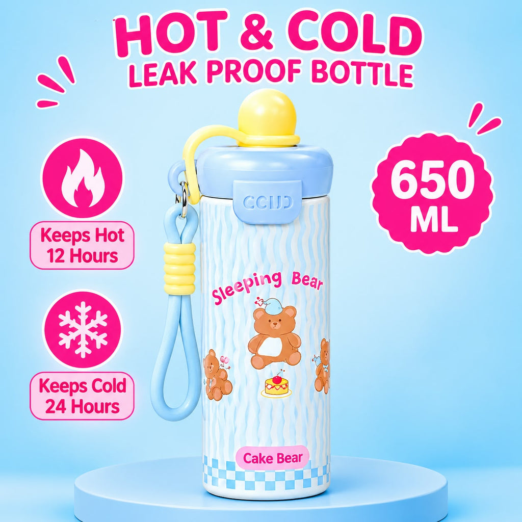 ids Gift Combo – Cute Cake Bear Water Bottle with Free Bubble Ice Cream Keychain | Leakproof Insulated Bottle for Girls(Brown)