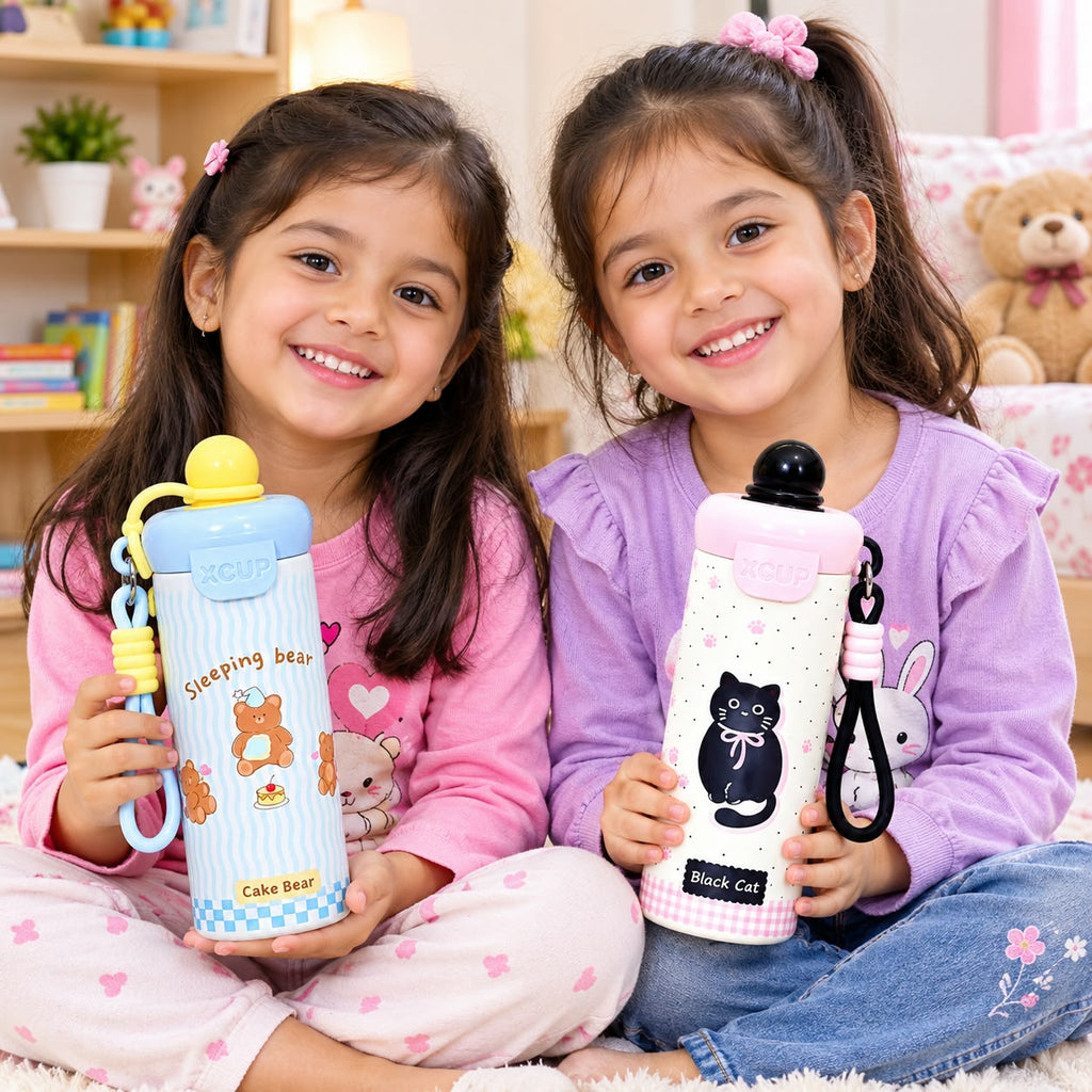 ids Gift Combo – Cute Cake Bear Water Bottle with Free Bubble Ice Cream Keychain | Leakproof Insulated Bottle for Girls(Brown)