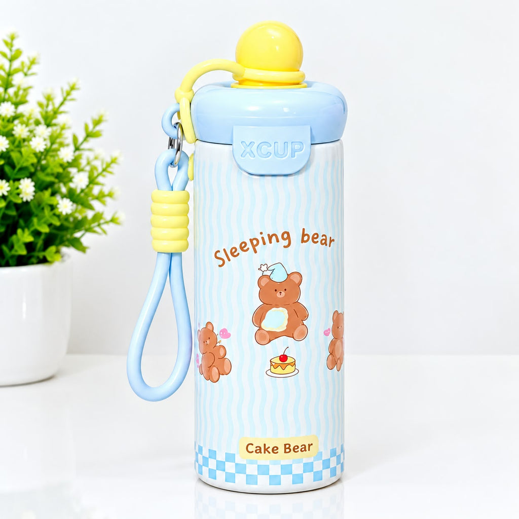 ids Gift Combo – Cute Cake Bear Water Bottle with Free Bubble Ice Cream Keychain | Leakproof Insulated Bottle for Girls(Brown)
