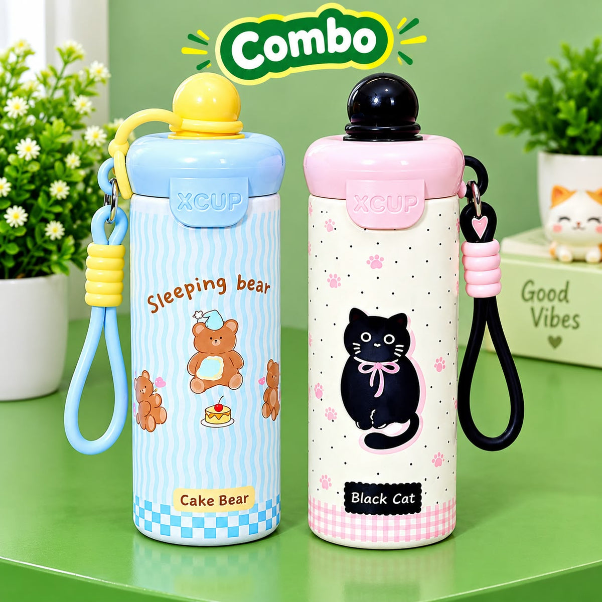 ids Gift Combo – Cute Cake Bear Water Bottle with Free Bubble Ice Cream Keychain | Leakproof Insulated Bottle for Girls(Brown)