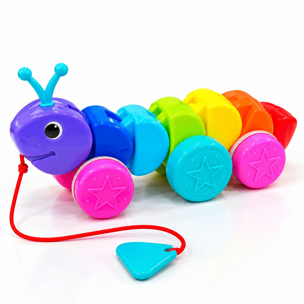 Intelliskills Premium Colourful Rainbow Pull Along Caterpillar Toy for Early Walking and Motor Skill Development | Rattle Sound | Child-Safe and BIS Certified | Multicoloured | Ideal for Gifting