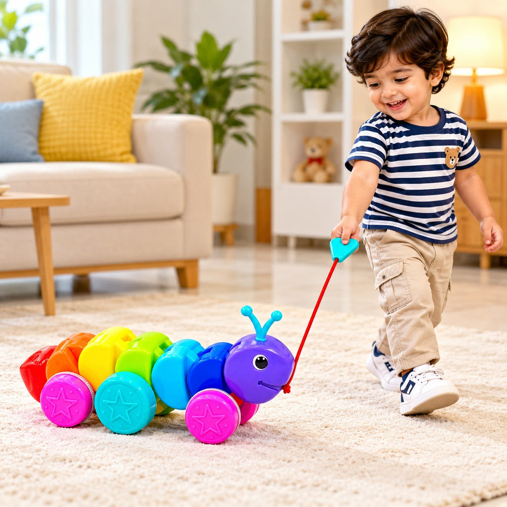 Intelliskills Premium Colourful Rainbow Pull Along Caterpillar Toy for Early Walking and Motor Skill Development | Rattle Sound | Child-Safe and BIS Certified | Multicoloured | Ideal for Gifting