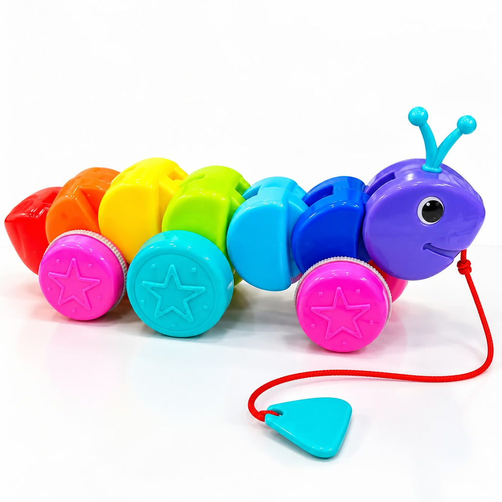Intelliskills Premium Colourful Rainbow Pull Along Caterpillar Toy for Early Walking and Motor Skill Development | Rattle Sound | Child-Safe and BIS Certified | Multicoloured | Ideal for Gifting