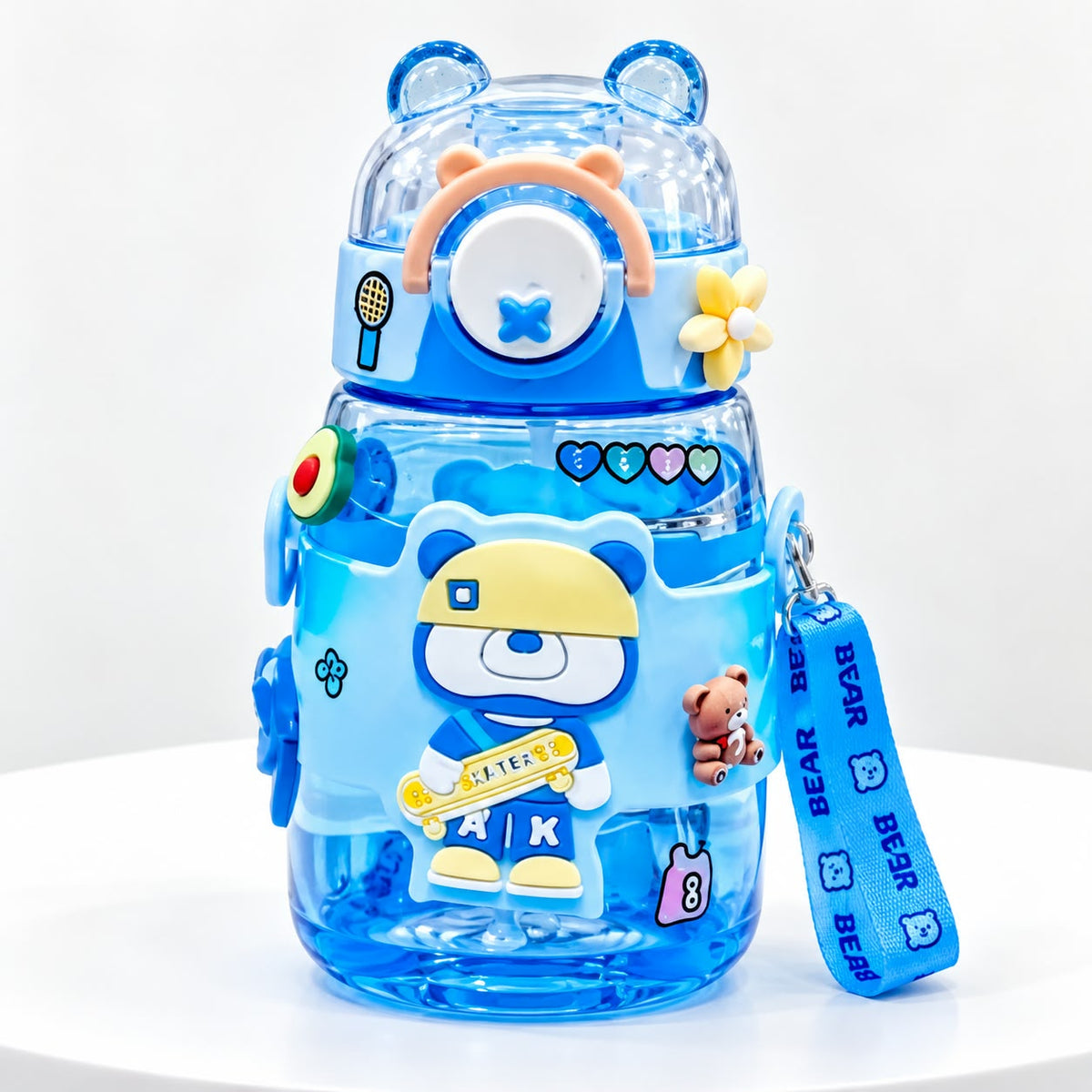 Cute Bear Water Bottle | Customizable Bottle with Stickers | Leak Proof Straw Bottle For School/Travel/Picnic/Outdoor | 600 ml | WB11