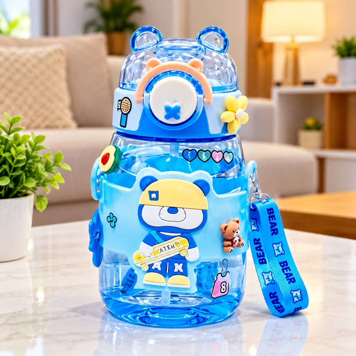 Cute Bear Water Bottle | Customizable Bottle with Stickers | Leak Proof Straw Bottle For School/Travel/Picnic/Outdoor | 600 ml | WB11