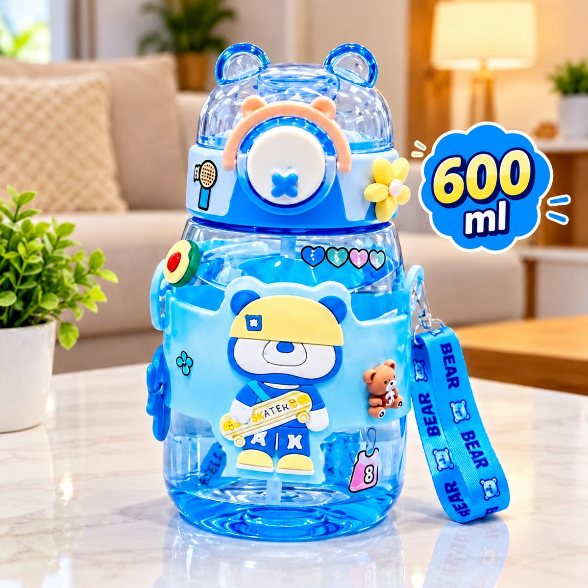Cute Bear Water Bottle | Customizable Bottle with Stickers | Leak Proof Straw Bottle For School/Travel/Picnic/Outdoor | 600 ml | WB11