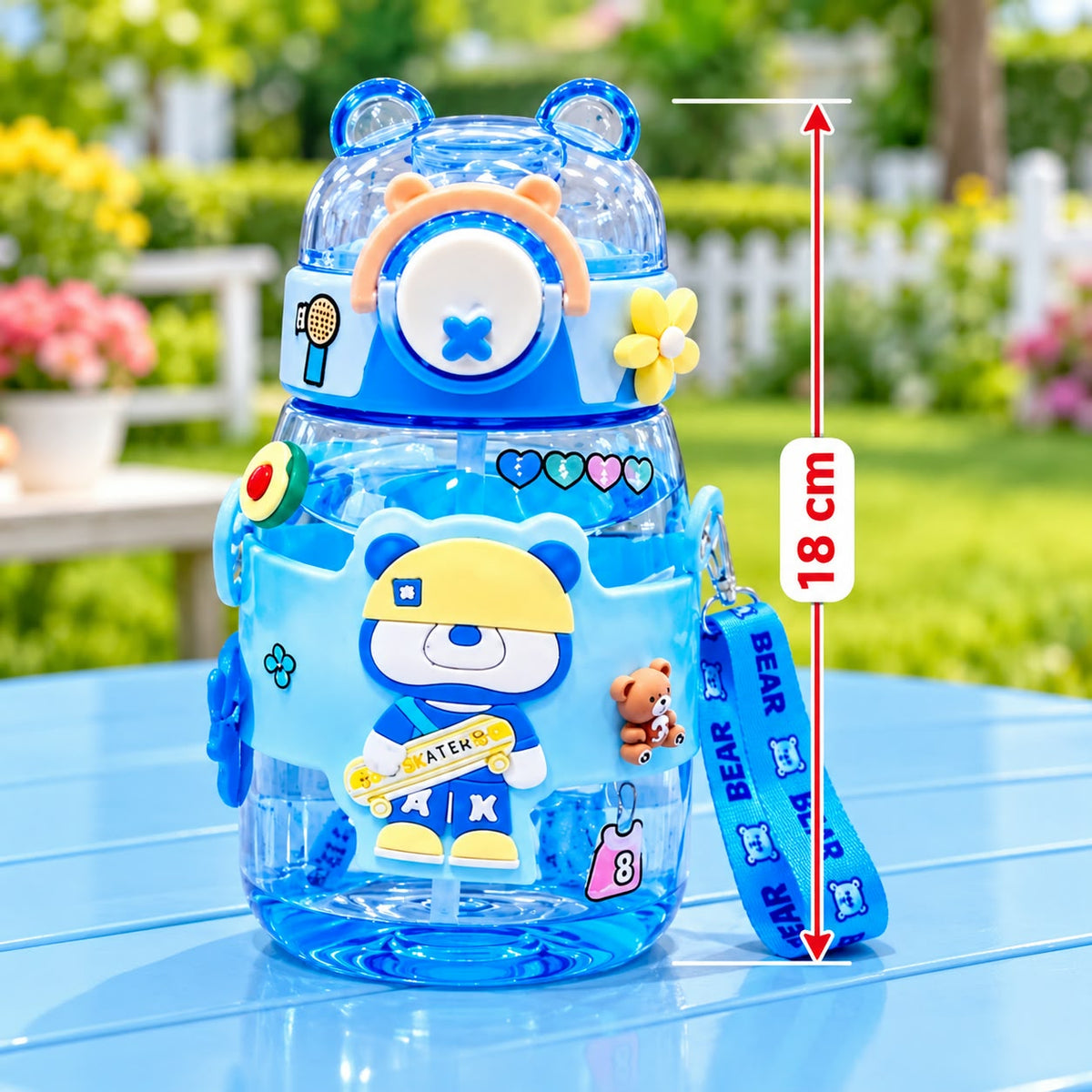 Cute Bear Water Bottle | Customizable Bottle with Stickers | Leak Proof Straw Bottle For School/Travel/Picnic/Outdoor | 600 ml | WB11