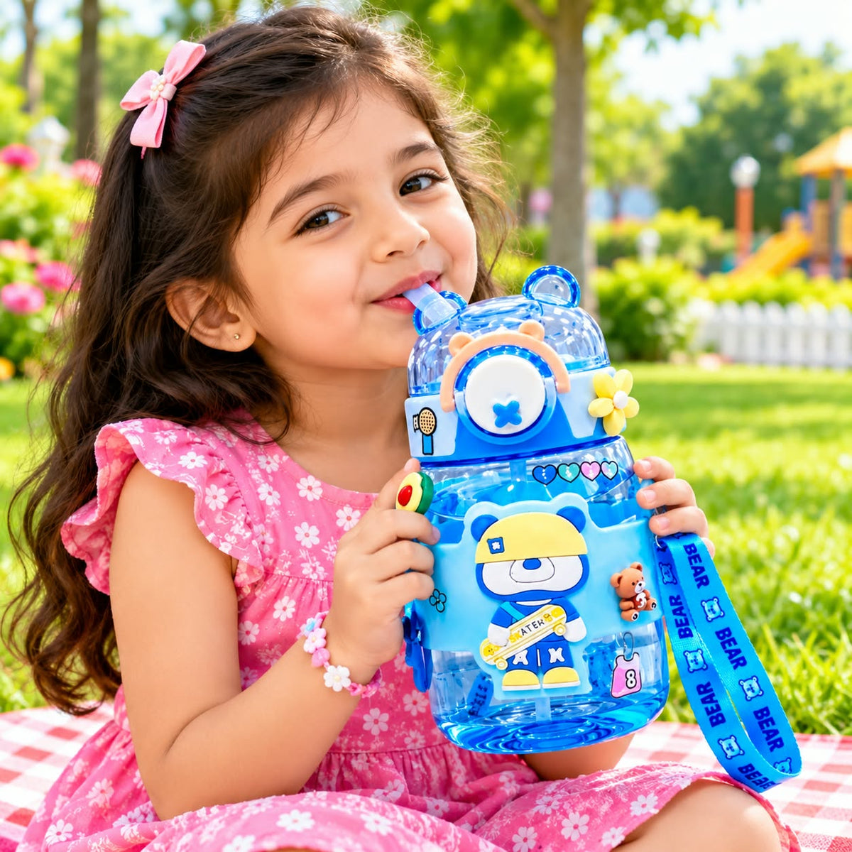 Cute Bear Water Bottle | Customizable Bottle with Stickers | Leak Proof Straw Bottle For School/Travel/Picnic/Outdoor | 600 ml | WB11