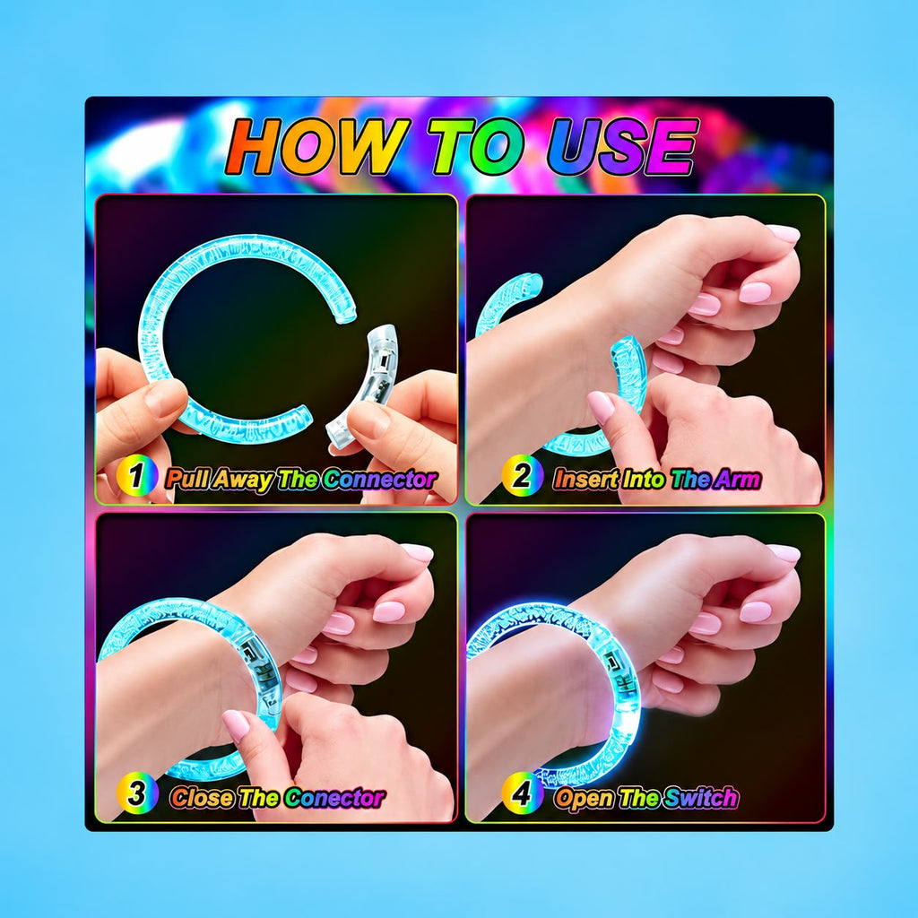 Premium LED Glowing Bangles – Multicolor Light-Up Bracelets with Secure Clip – Fun Party Accessories for Kids, Teens & Adults