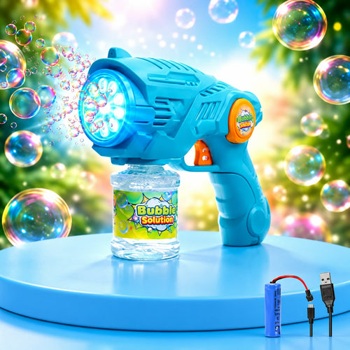 Bubble Gun for Kids with Solution Bottle, Turquoise and Yellow, Battery Powered, Ages 3-12 Years, Gun-Shaped Outdoor Play Toy