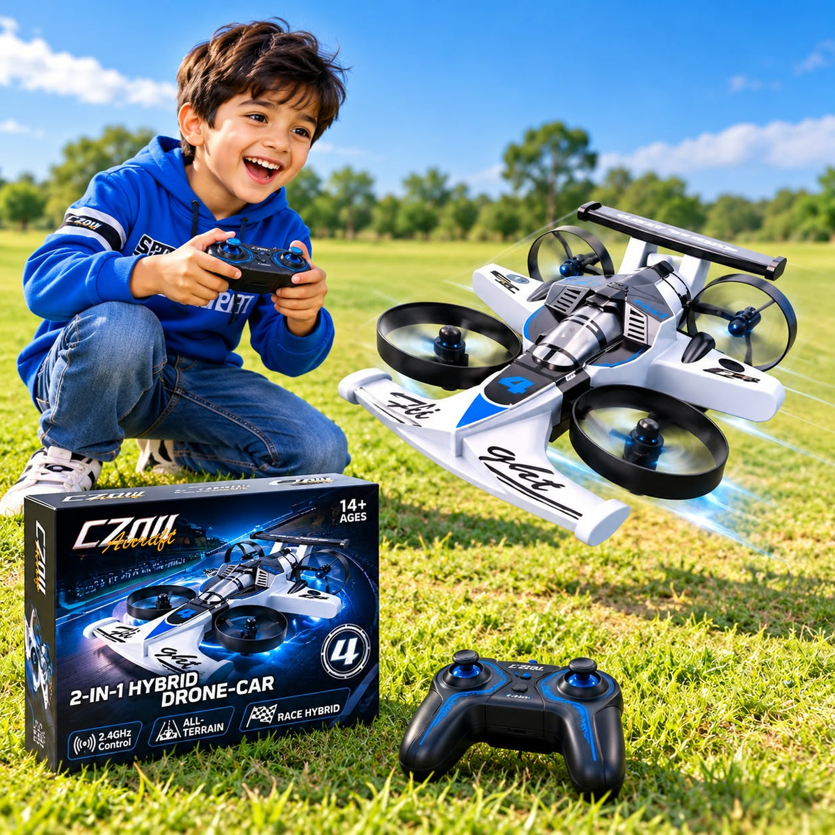 2-in-1 RC Drone & Stunt Car for Kids | Land and Air 360° Flying Car with 2.4GHz Remote Control, 4WD Drift Wheels, 3 Speed Modes & High-Speed Stunt Vehicle..