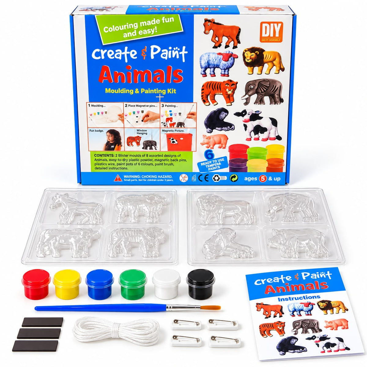 Create & Paint Animals Moulding & Painting Kit | DIY Animal Plaster Moulds & Painting Activity Set | 8 Animal Figures | 6 Paint Colours
