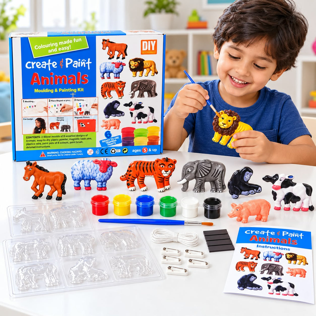 Create & Paint Animals Moulding & Painting Kit | DIY Animal Plaster Moulds & Painting Activity Set | 8 Animal Figures | 6 Paint Colours