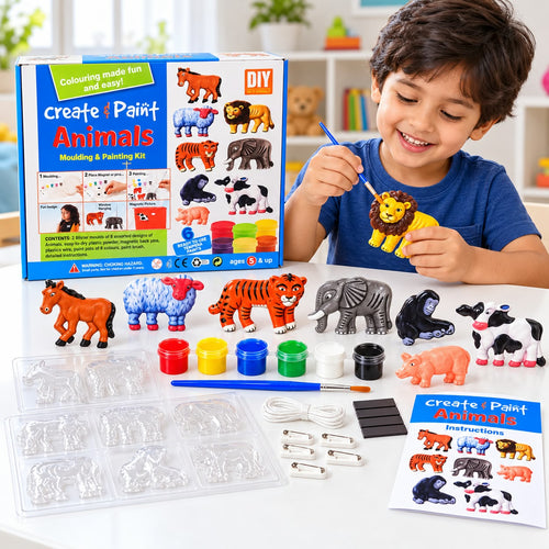 Create & Paint Animals Moulding & Painting Kit | DIY Animal Plaster Moulds & Painting Activity Set | 8 Animal Figures | 6 Paint Colours