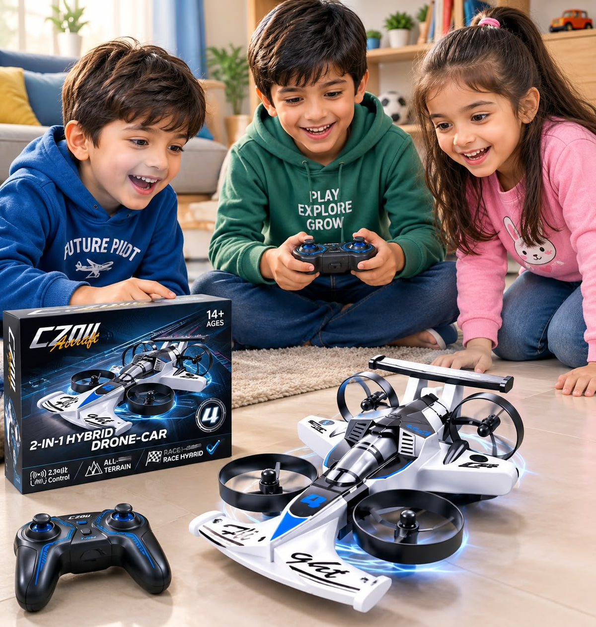 2-in-1 RC Drone & Stunt Car for Kids | Land and Air 360° Flying Car with 2.4GHz Remote Control, 4WD Drift Wheels, 3 Speed Modes & High-Speed Stunt Vehicle..