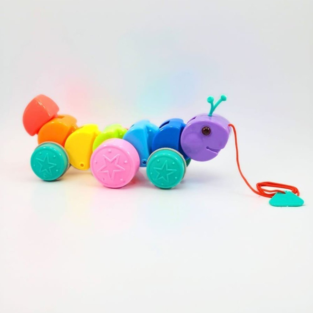 Intelliskills Premium Colourful Rainbow Pull Along Caterpillar Toy for Early Walking and Motor Skill Development | Rattle Sound | Child-Safe and BIS Certified | Multicoloured | Ideal for Gifting